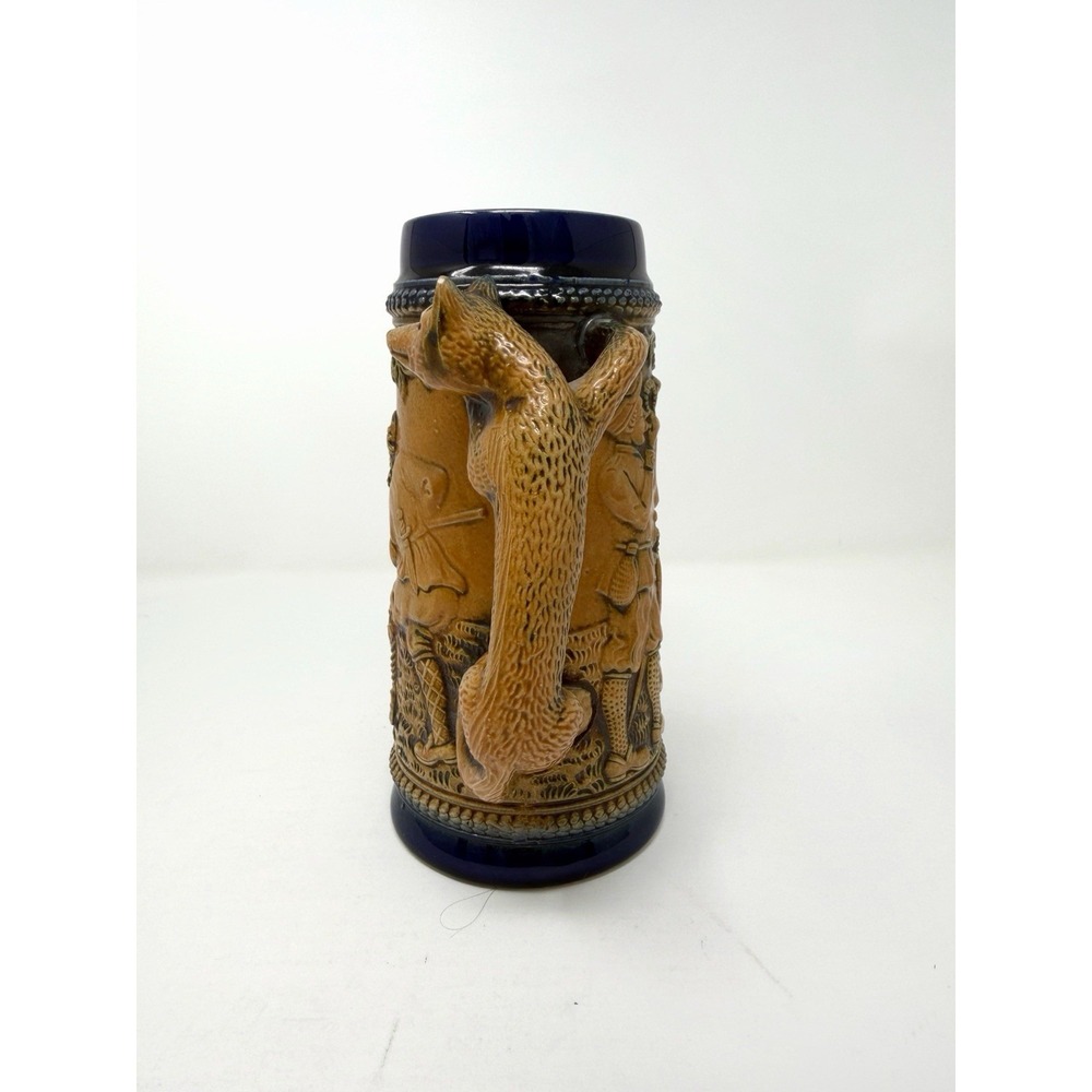 Vintage German Beer Stein Fox Handle Boar Hunting Scene Relief Mug No Lid - Picture 4 of 7